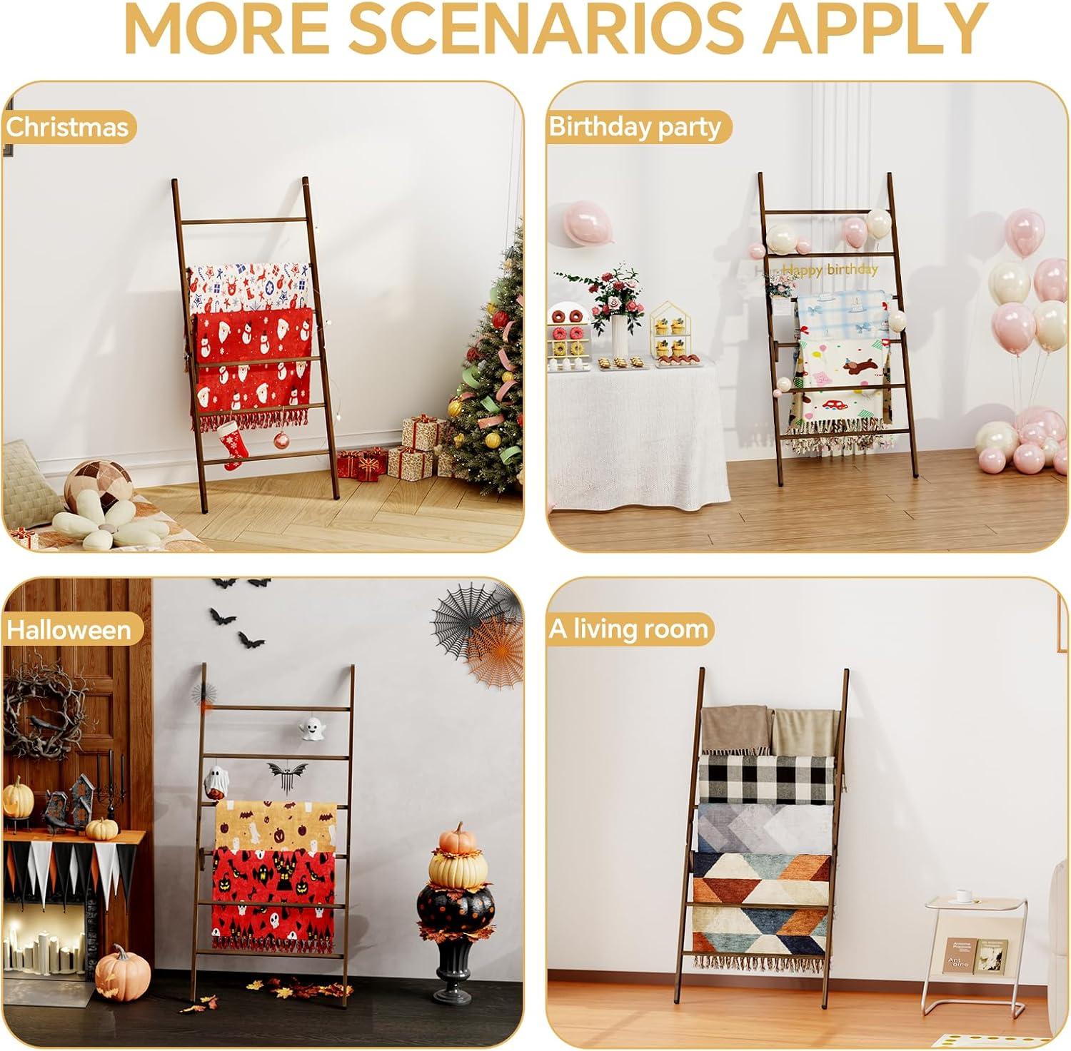 Red Barrel Studio® 6-Tier Wide Double Blanket Ladder Wood, Rustic Decorative Towel Rack For Big Blanket, Towel, Quilt, Clothes, Freestanding Blanket Holder Towel Ladder Decor Stand For Living Room, Bedroom