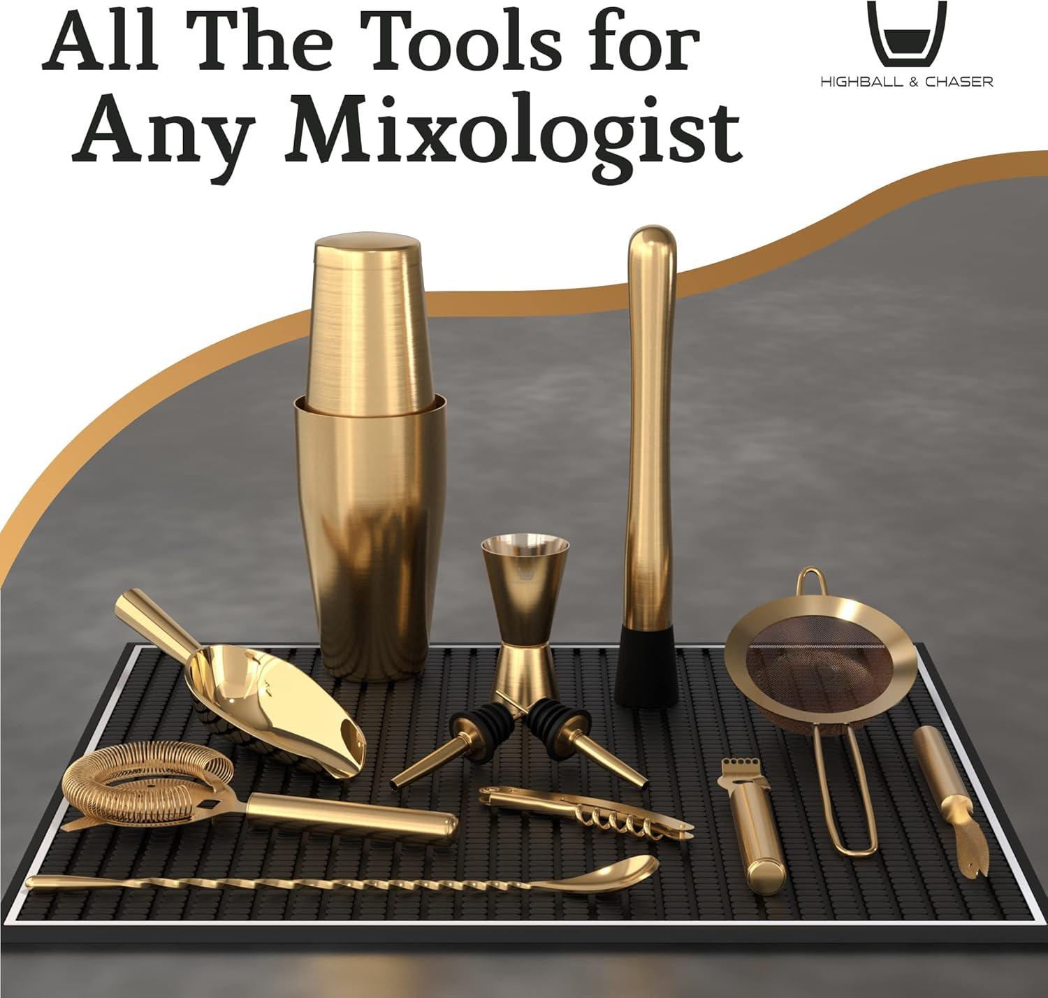 Highball & Chaser 13-Piece Boston Cocktail Shaker Set Stainless Steel Mixology Bartender Kit With Stand For Home Bar Cocktail Set | Laser Engraved Cocktail Tools | Plus E-Book with 30 Cocktail Recipes