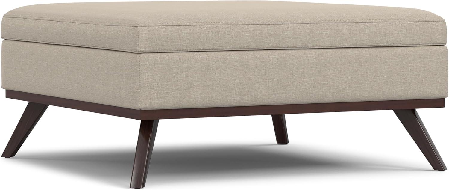 Simpli Home Owen 34"W Upholstered Coffee Table Storage Ottoman with Lift Top and Solid Wood Legs