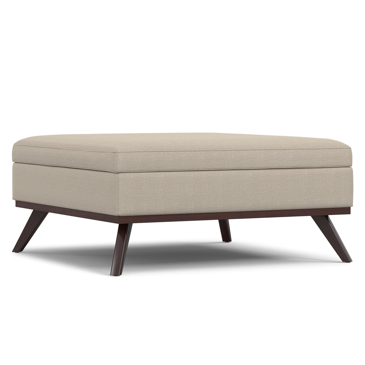 Simpli Home Owen 34"W Upholstered Coffee Table Storage Ottoman with Lift Top and Solid Wood Legs