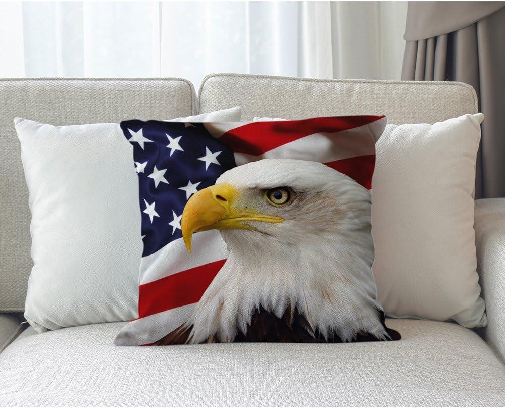 Patriotic Eagle and American Flag Cotton Linen Throw Pillow