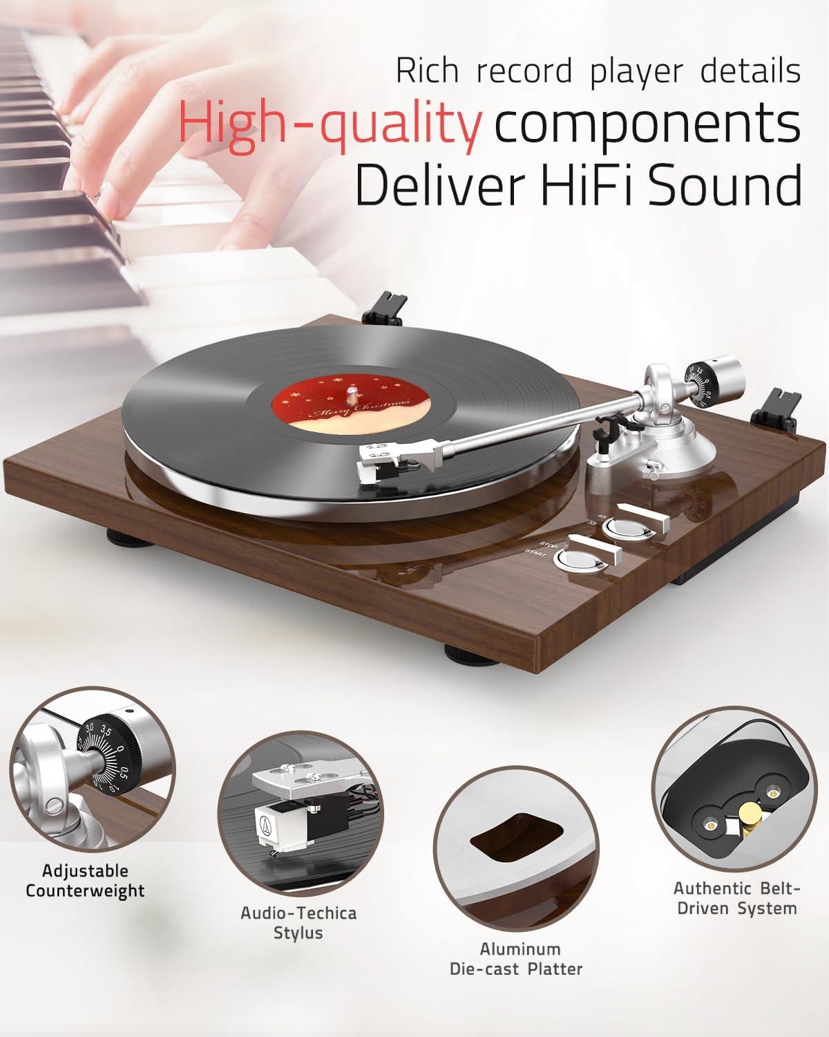 Turntables Record Player with Wireless Output Connectivity Vinyl Player Belt-Drive Support 33 45 RPM Speed Phono Line USB Digital to PC Recording with Advanced MM Cartridge ATN3600L Light Brown