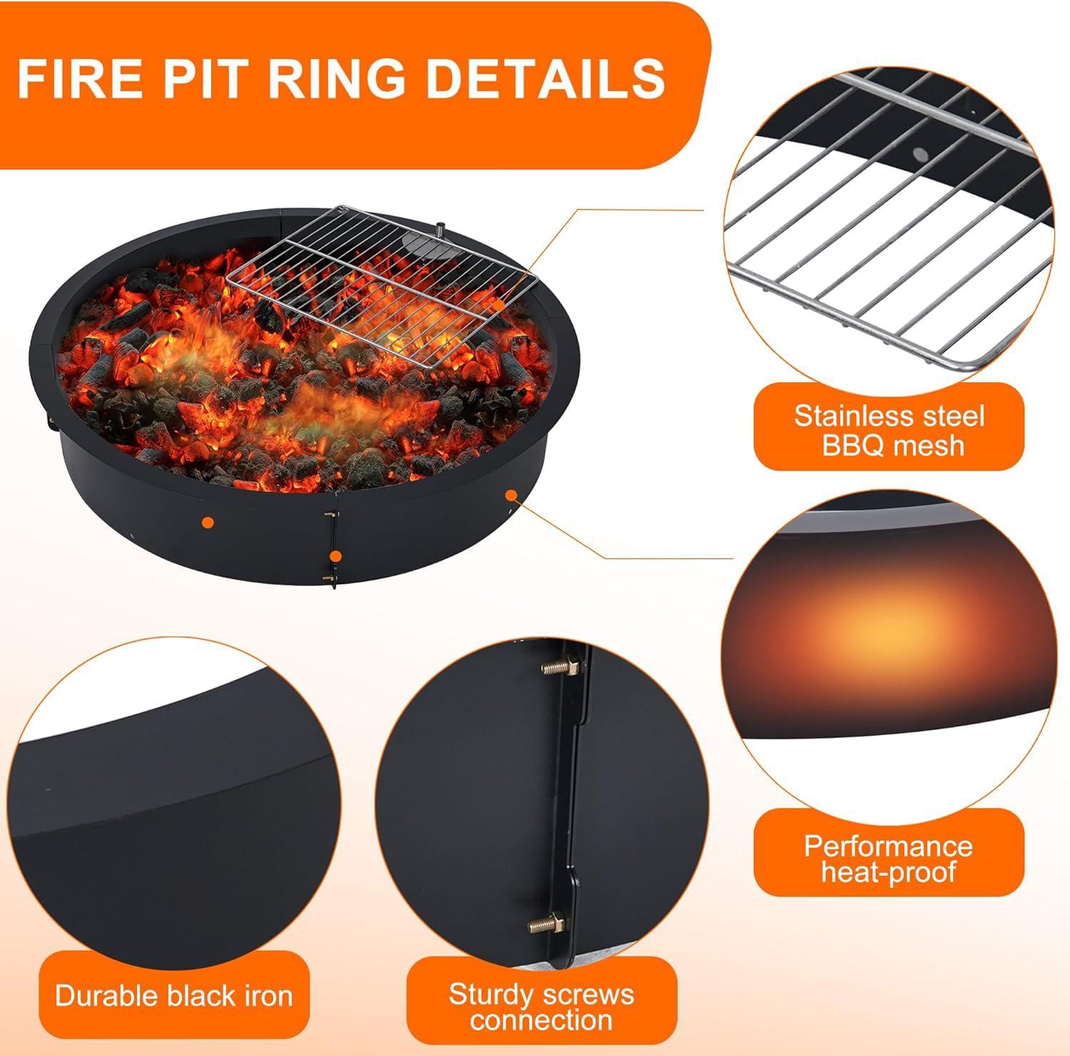 36 inch Outdoor Fire Pit Liner Round Solid Steel Fire Ring with Cooking Grate