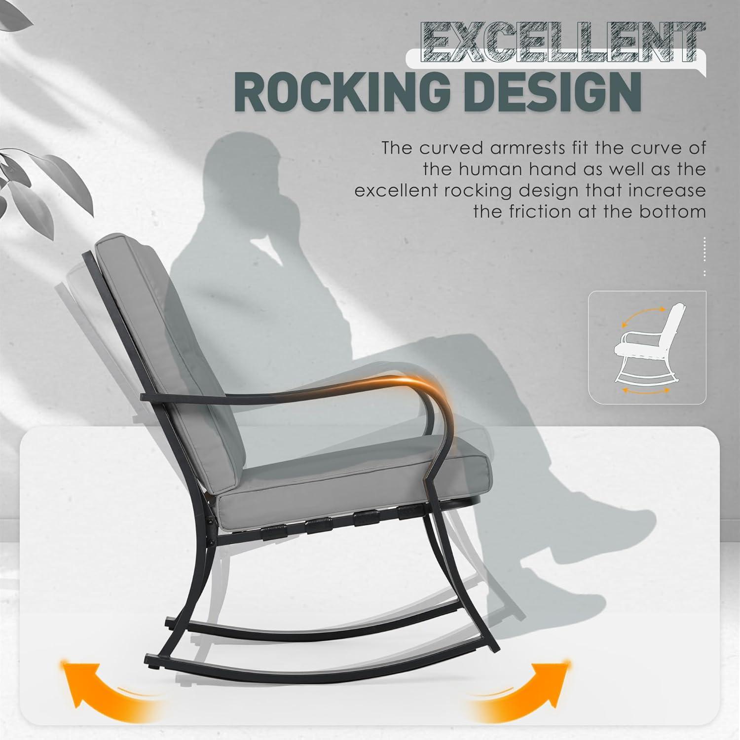 Crownland Outdoor Rocking Chairs Patio Furniture 3 Piece Patio Set Bistro Table Set Black Iron with Thickened Cushions and Glass Coffee Table, Grey