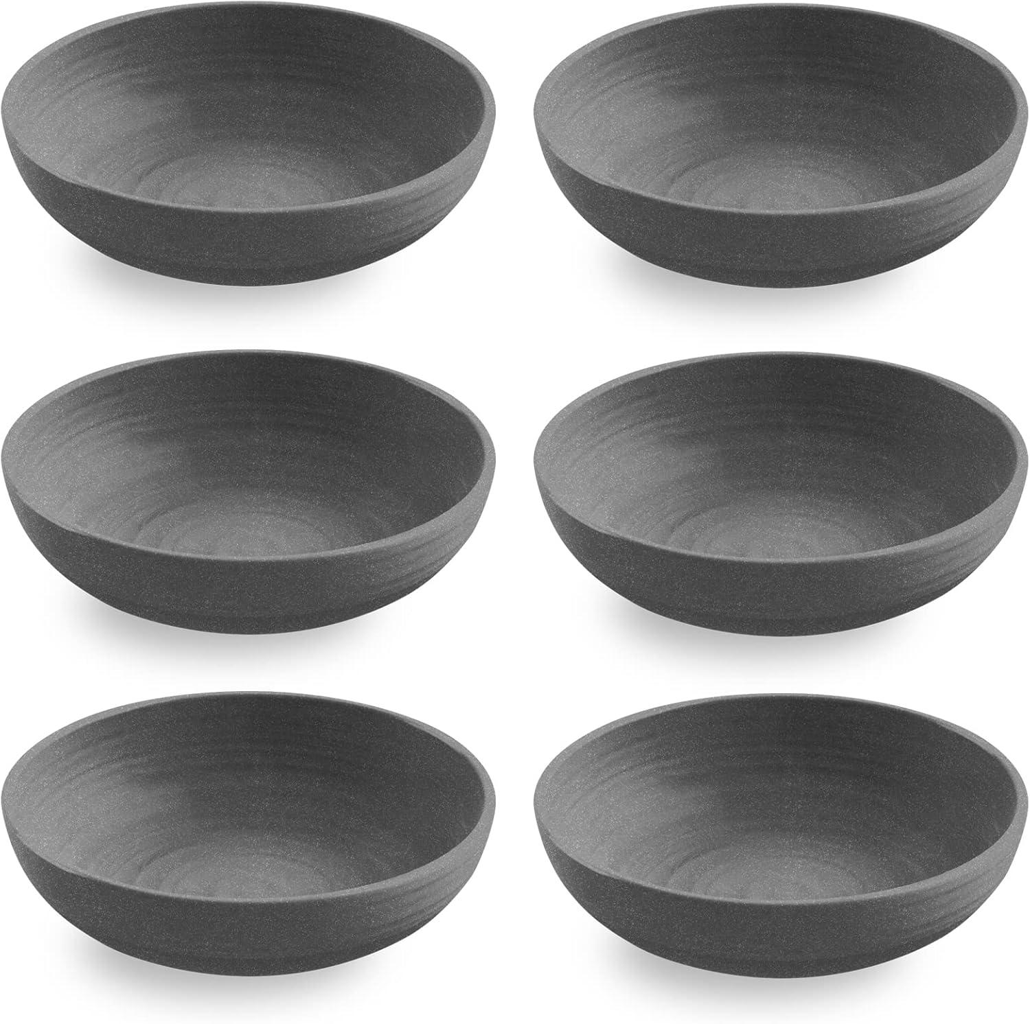 TarHong Planta Artisan Solids Low Bowl, Planta (Majority Plant Based with Melamine Binder), Shatterproof, Indoor/Outdoor Entertaining, Matte Gray, Set of 6