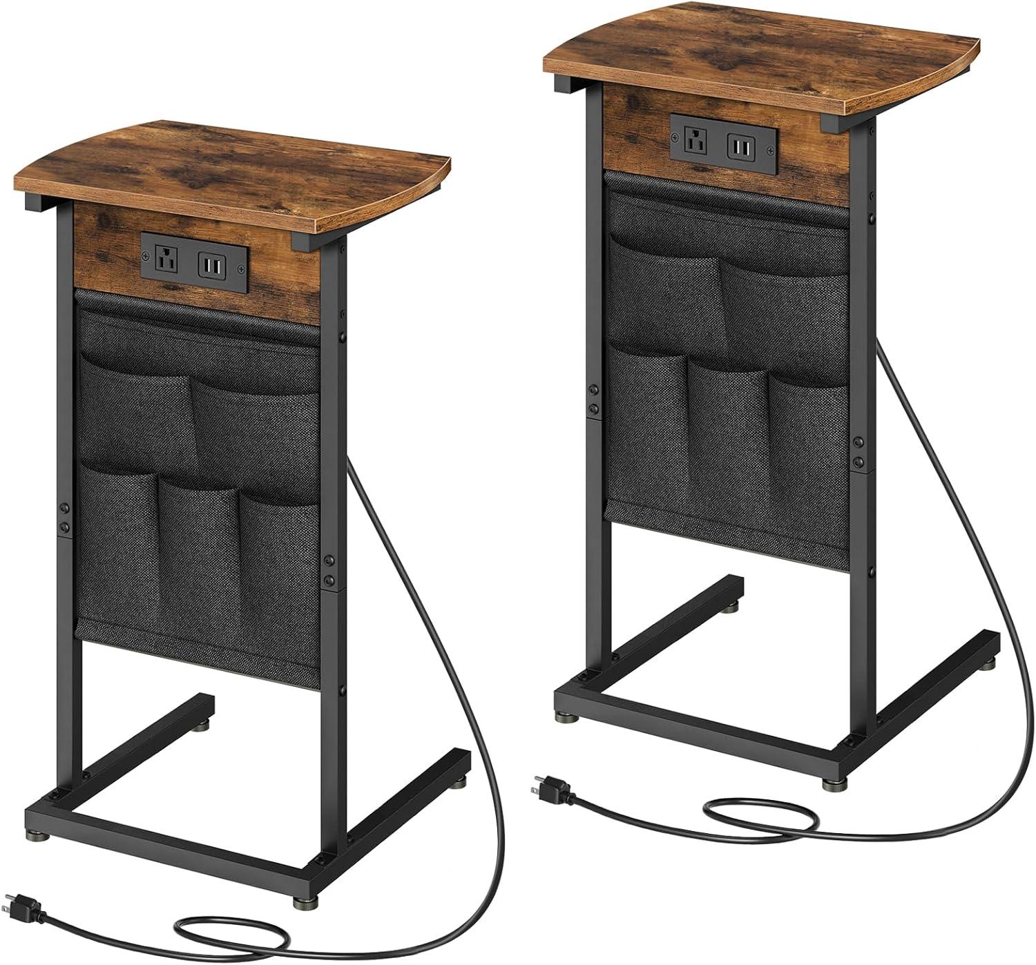 End Table Set of 2 with Charging Station and Storage Bag Side Table Living Room with USB Ports and Outlets Couch Tables That Slide Under, Small Snack Table for Small Spaces Brown