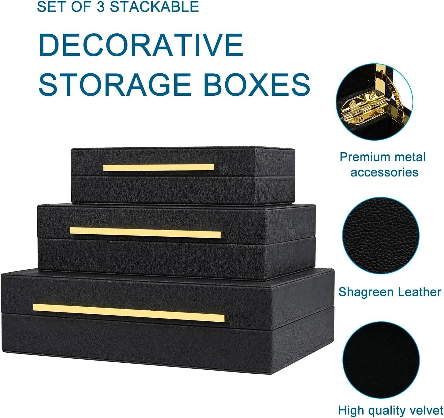 Faux  Leather Decorative Jewelry Storage Nesting Organizer Boxes with Lids Gold Handle Set of 3, Black