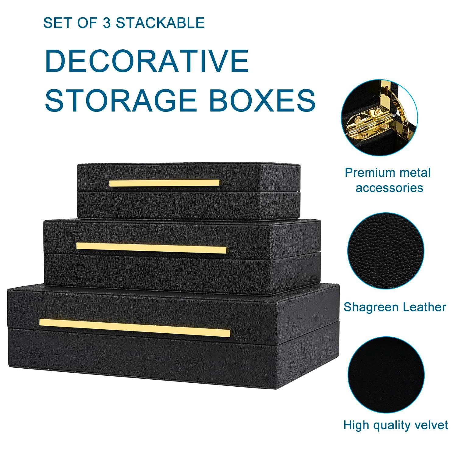 Faux  Leather Decorative Jewelry Storage Nesting Organizer Boxes with Lids Gold Handle Set of 3, Black