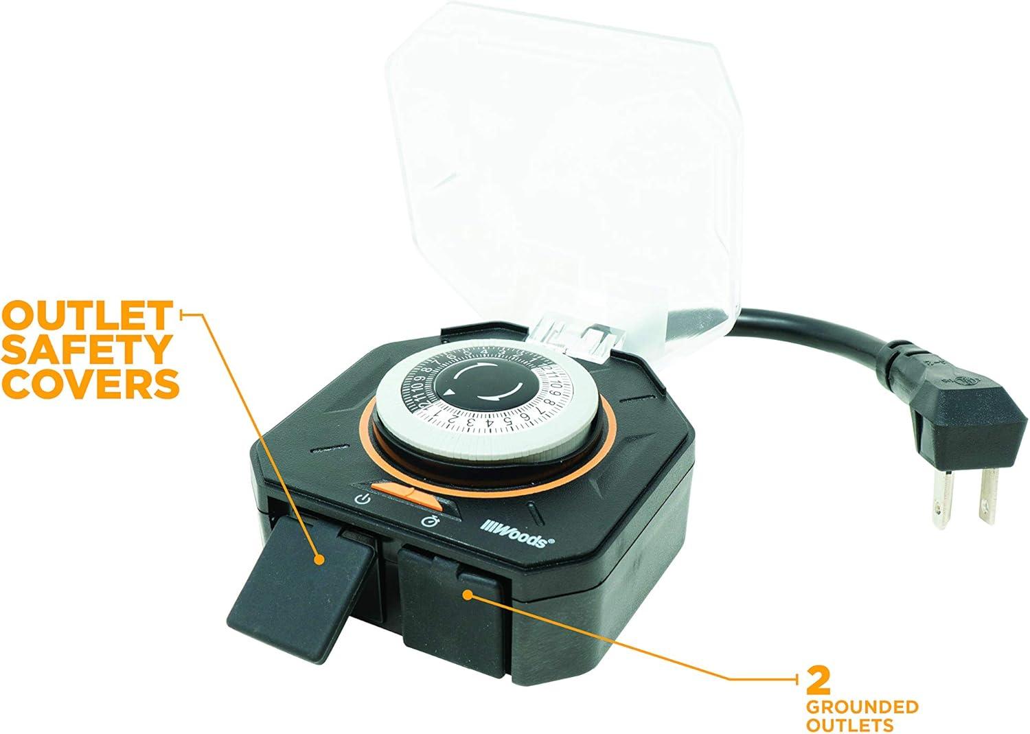 Woods 50123WD Black Outdoor 24-Hour Mechanical Timer with 2 Grounded Outlets