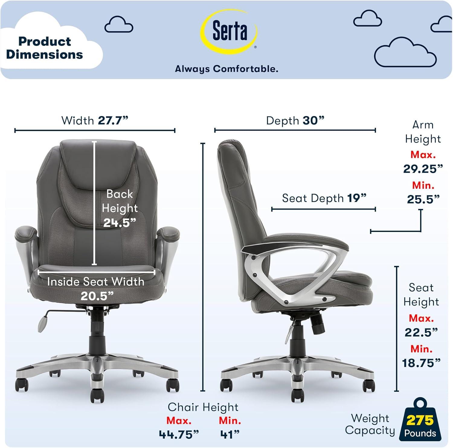Amplify Executive Mesh Office Chair Seamless Light Gray - Serta: Ergonomic with Fixed Arms & Casters, Adjustable Height