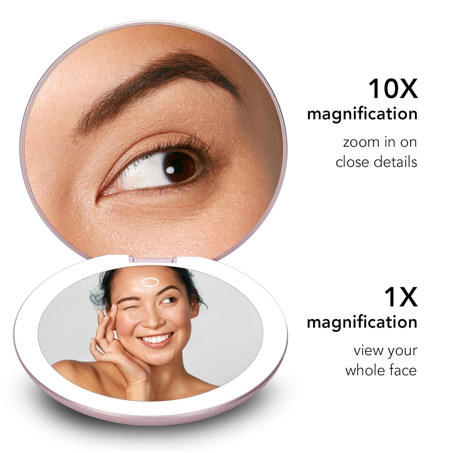 Fancii Taylor LED Lighted Travel Makeup Mirror, Rechargeable with 10x/1x Magnifying & 3 Light Settings - Compact, Portable, Large 5” Wide Hand Mirror for Handbag and Purses (Rose Gold)