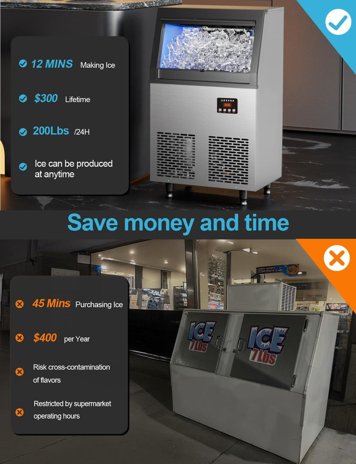 Coolski Coolski Commercial Ice Machine 200 Daily Production, Under Counter Ice Maker with Ice Bin LED Lighting, ETL Approved
