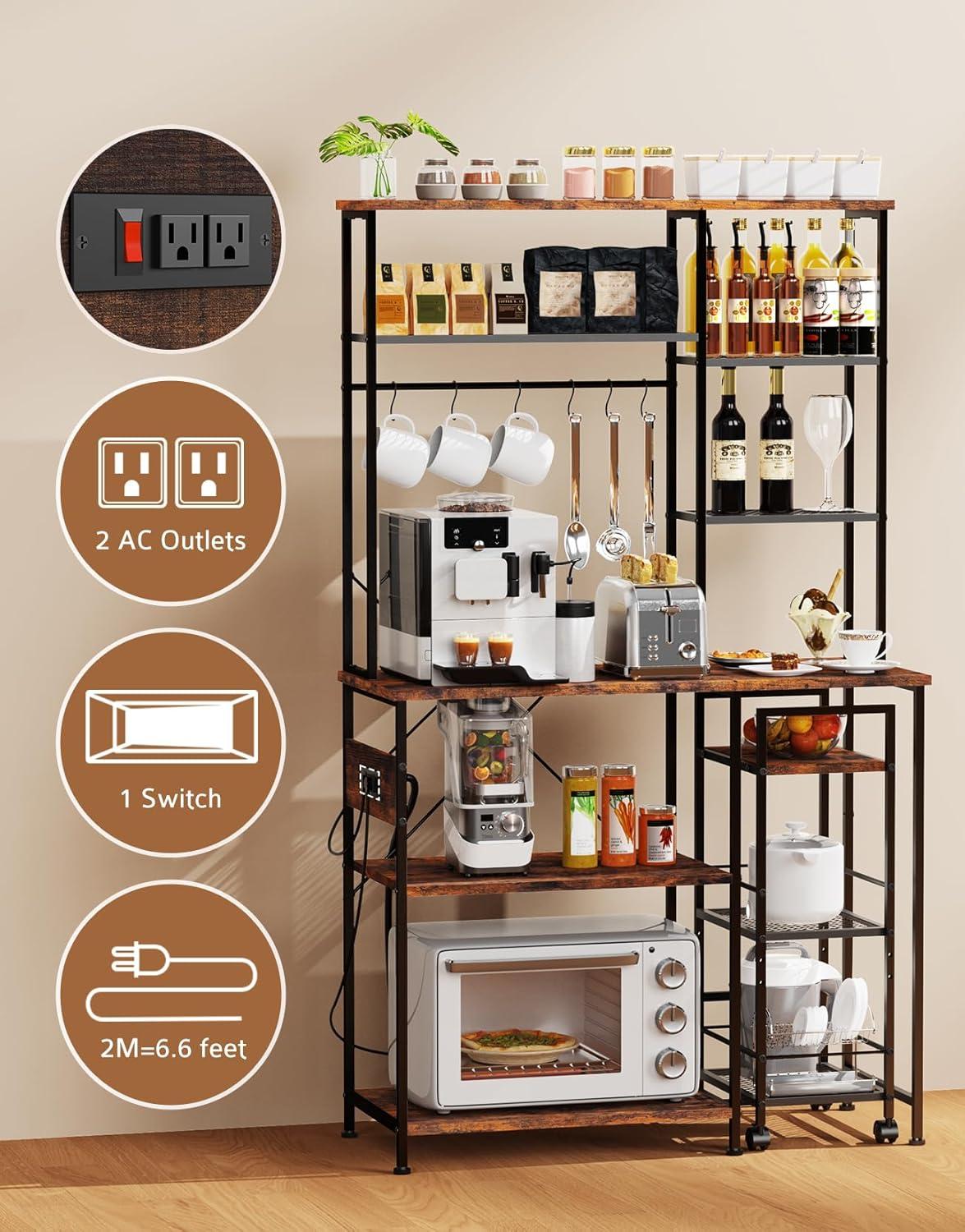 17 Stories Bakers Rack With Mobile Kitchen Utility Shelf ,Adjustable Height, Multi-Compartment Storage With Power Outlet ,6 Hooks For Bread Machines, Coffee Bar, Microwave Stand, Rustic Brown And Black