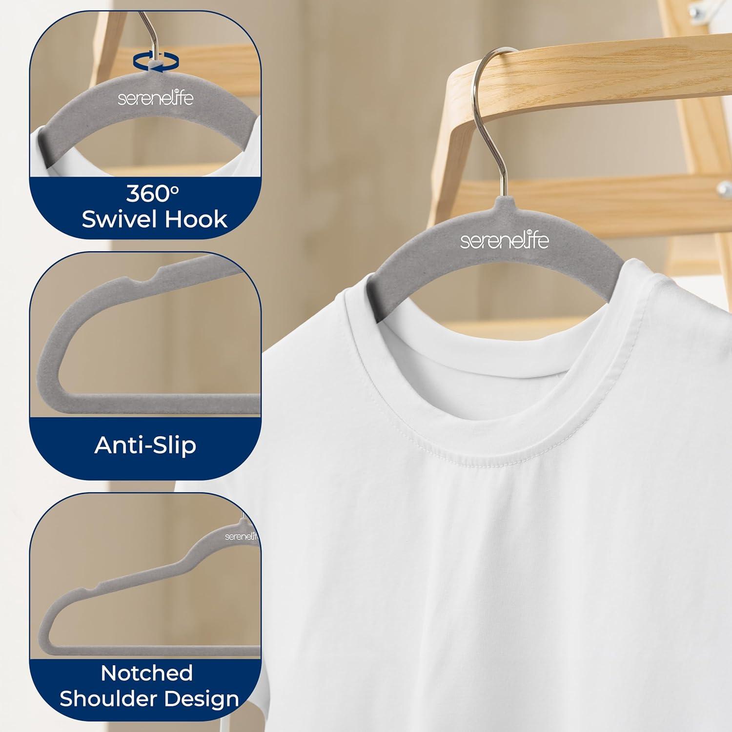SereneLife 50pk Non-Slip Velvet Clothes Hangers - Gray
