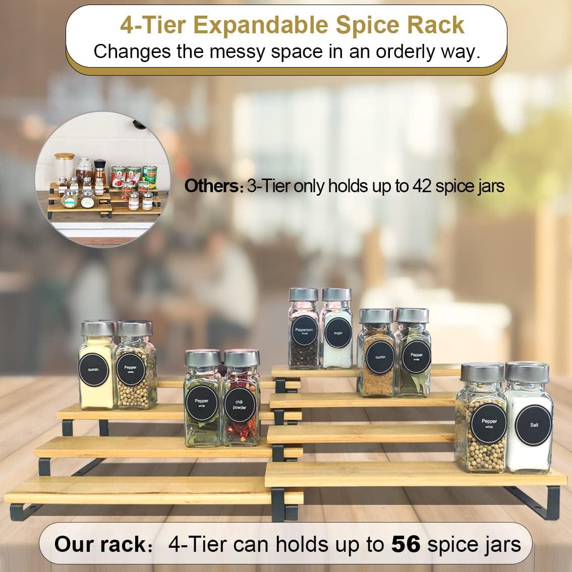 Expandable Bamboo and Metal 4-Tier Spice Rack Organizer