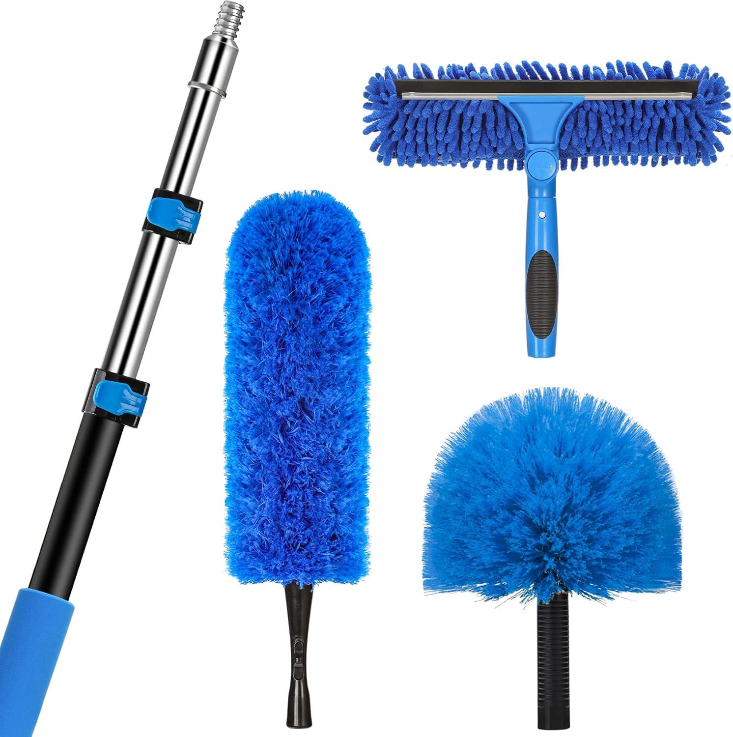 20 Foot High Reach Duster Kit with 5-12FT Telescoping Pole - High Ceiling Dusting and Window Cleaning Kit, Cobweb Duster, Window Washer & Squeegee, Fan Duster and Feather Duster