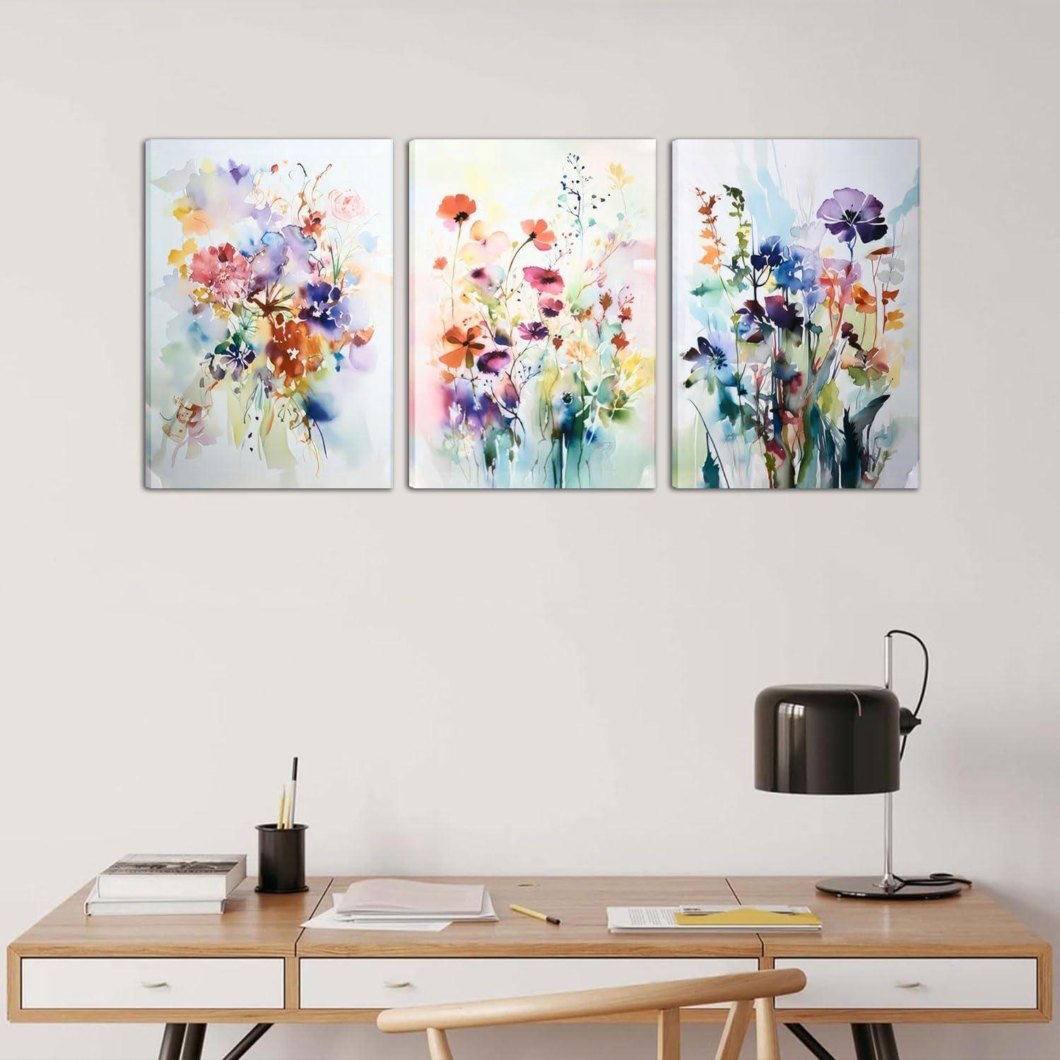 JRXY 3 Pcs Framed Watercolor Floral Botanical Canvas Wall Art Colorful Wildflower Plant Paintings Prints Posters 12x16 in