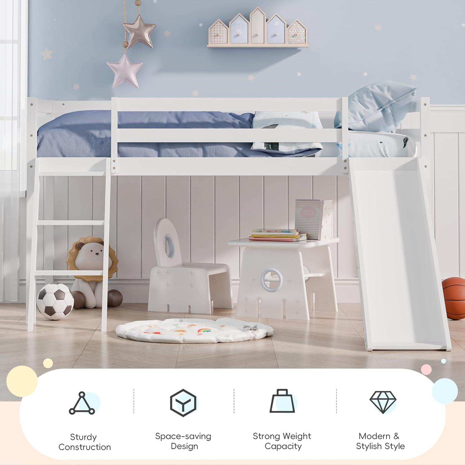 Harper & Bright Designs Kids Loft Bed with Slide,Twin Size Low Loft Beds for Girls Boys Solid Pine Wood Toddler Loft Bed with Ladder and Guard Rails,White