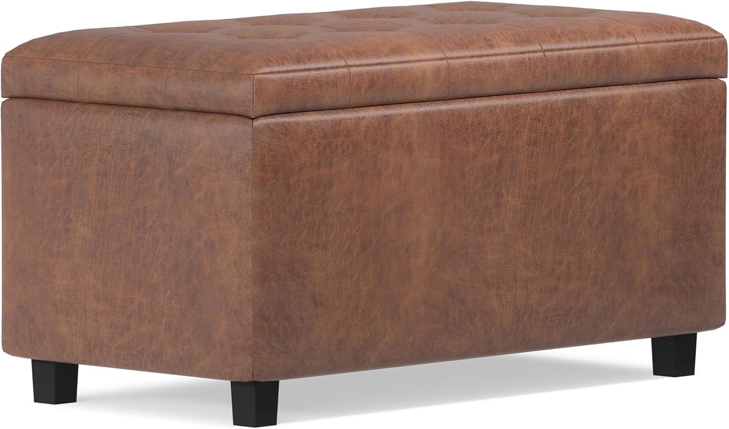 Simpli Home Cosmopolitan 34"W Upholstered Storage Ottoman with Tufted Design and Large Interior Storage