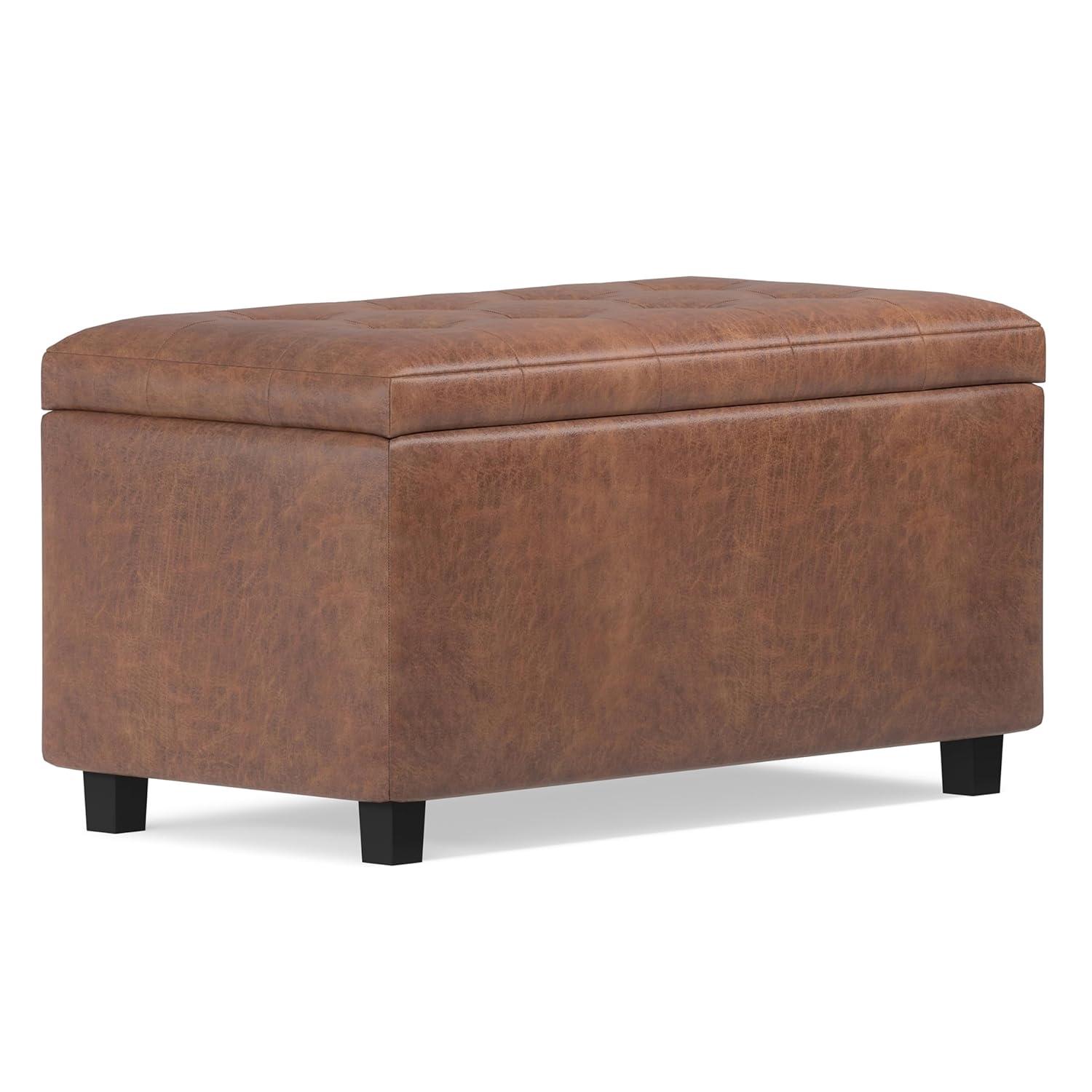 Simpli Home Cosmopolitan 34"W Upholstered Storage Ottoman with Tufted Design and Large Interior Storage