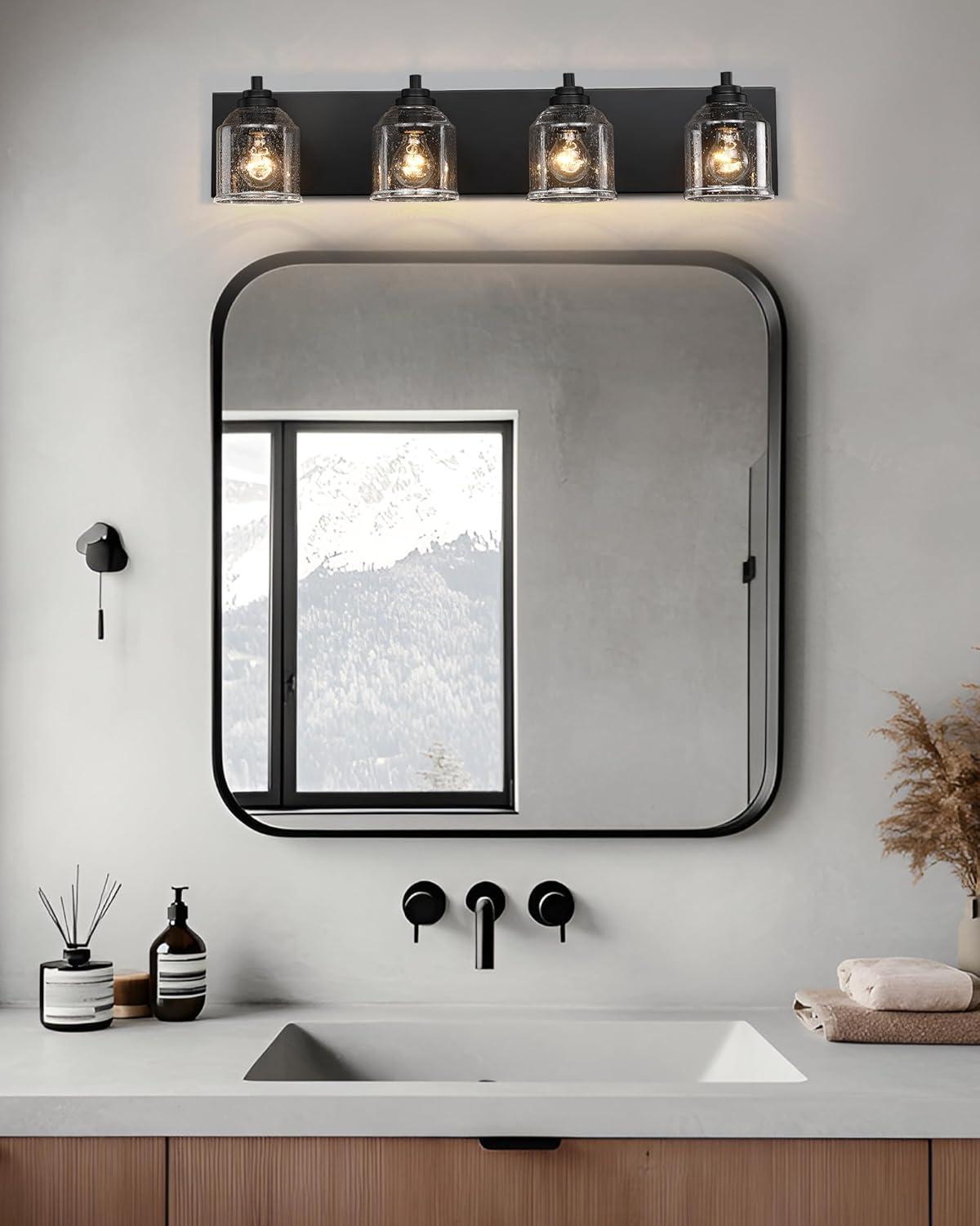 Vanity Lights for Bathroom Large 23", Farmhouse Rustic Vanity Light with Bubble Glass Shades, Black 3 Light Bathroom Lighting Fixtures Over Mirror, Bath Wall Sconce Home Decor