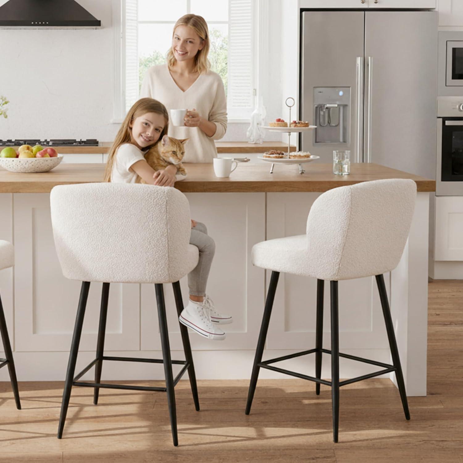 Guyou Sherpa Counter Height Bar Stools Set of 2, Modern Upholstered Boucle Barstools with Curved Open Back and Metal Legs, 26” Kitchen Island Chairs for Restaurant Kitchen Pub Bistro, White