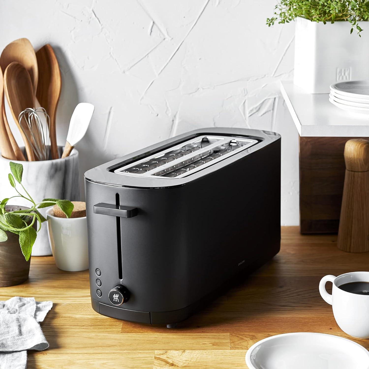 ZWILLING Enfinigy 2 Long Slot Toaster, 4 Slices with Extra Wide 1.5" Slots for Bagels, 7 Toast Settings, Even Toasting, Reheat, Cancel, Defrost, Black