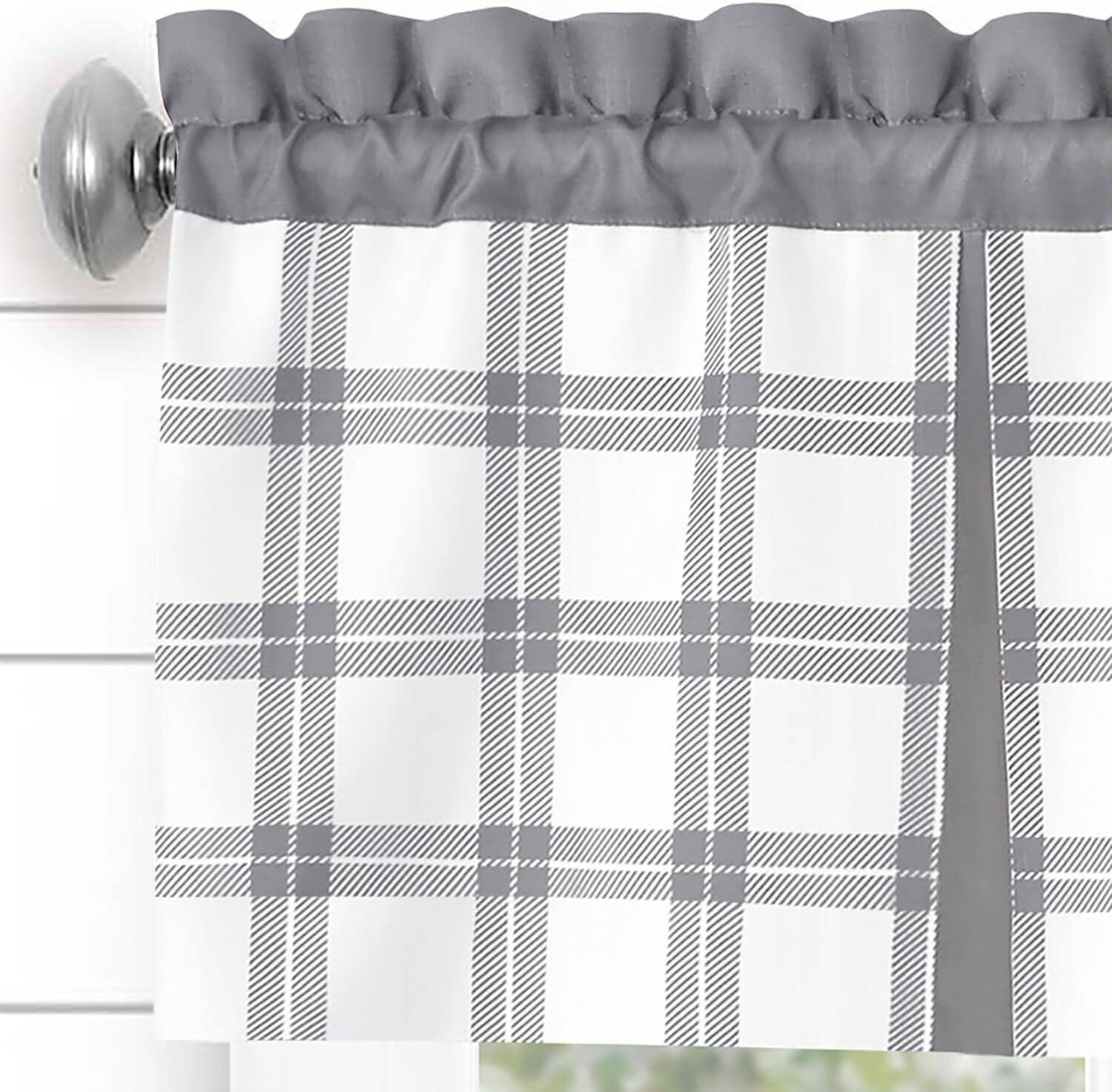 Achim Tate Plaid Light Filtering Tier and Valance Curtain Set, Grey, 58" x 24"