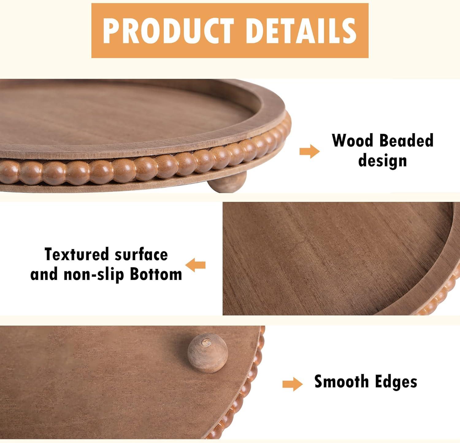 HPC Decor 12in Round Tray for Home Decor- Brown Wood Beaded Tray- Decorative Round Tray for Coffee Table- Farmhouse Tray Centerpiece for Living Room Decor, Kitchen Table Decor