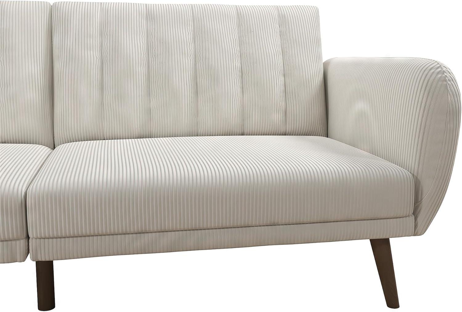 Ivory Corduroy Faux Leather Sleeper Sofa with Wood Legs