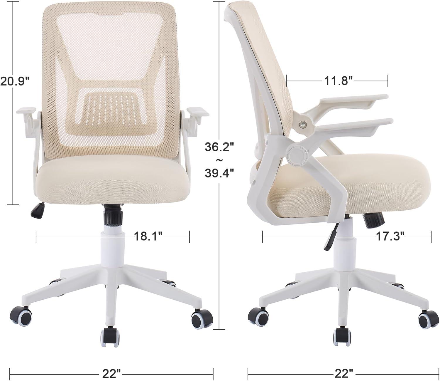 VECELO Mesh Office Chair, Mid-Back Swivel Adjustable Ergonomic Home Office Chair with Lumbar Support and Flip-up Arms, Beige