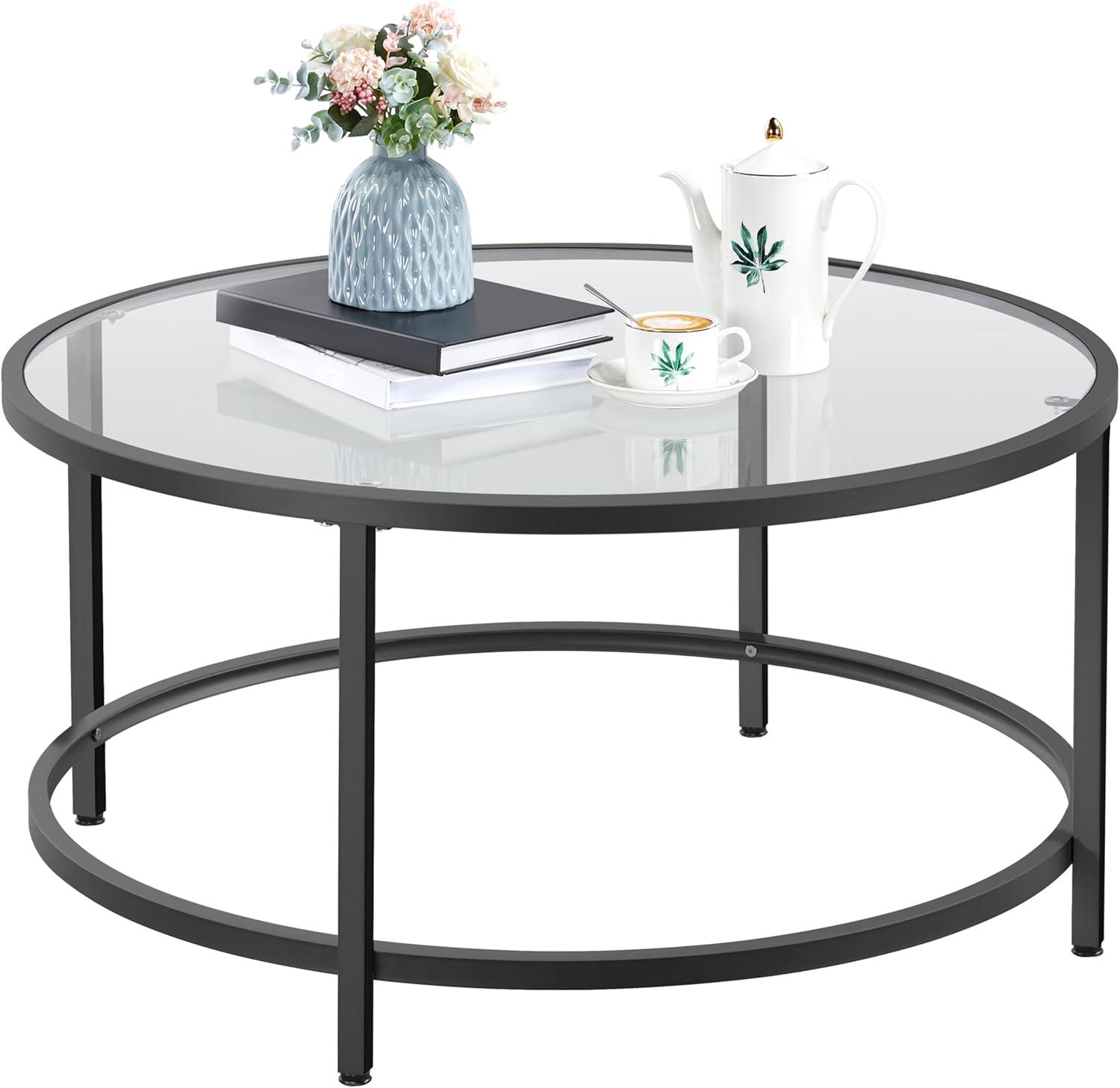 36'' Round Black Metal and Glass Coffee Table