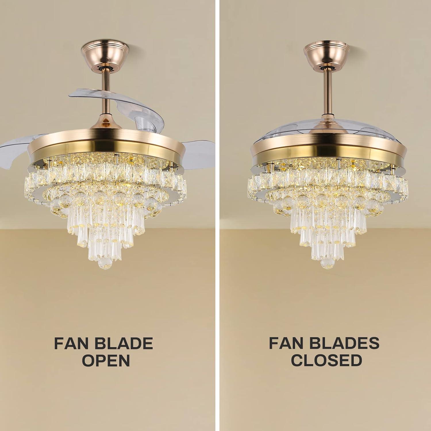 HOOMEDELIER 42" Chandelier Ceiling Fan with Remote, Crystal Beads Framed Fan with 4 Retractable Blades Smart Indoor Fandelier Fan