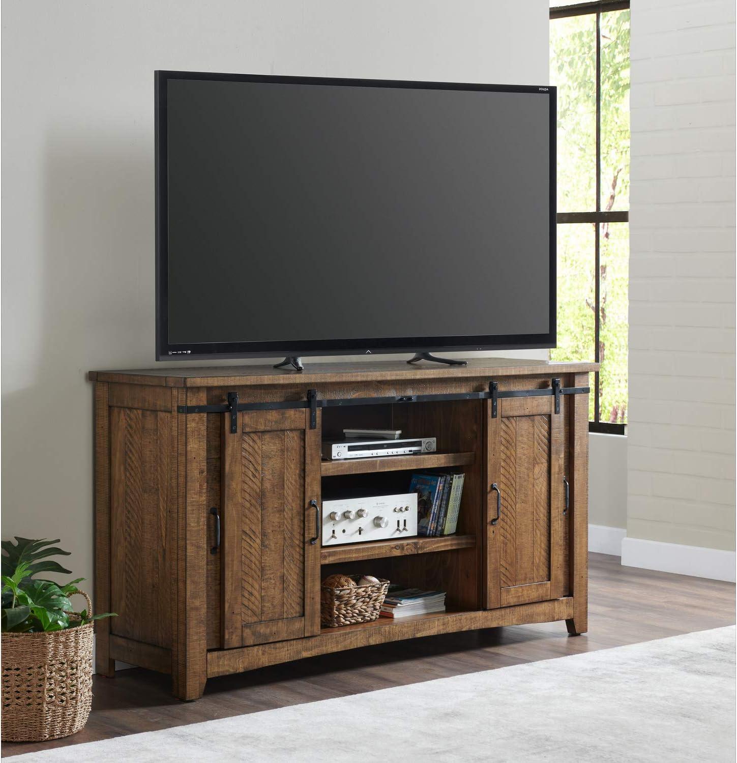 Rustic Pine and Black Metal Mesh 65" TV Stand with Cabinet