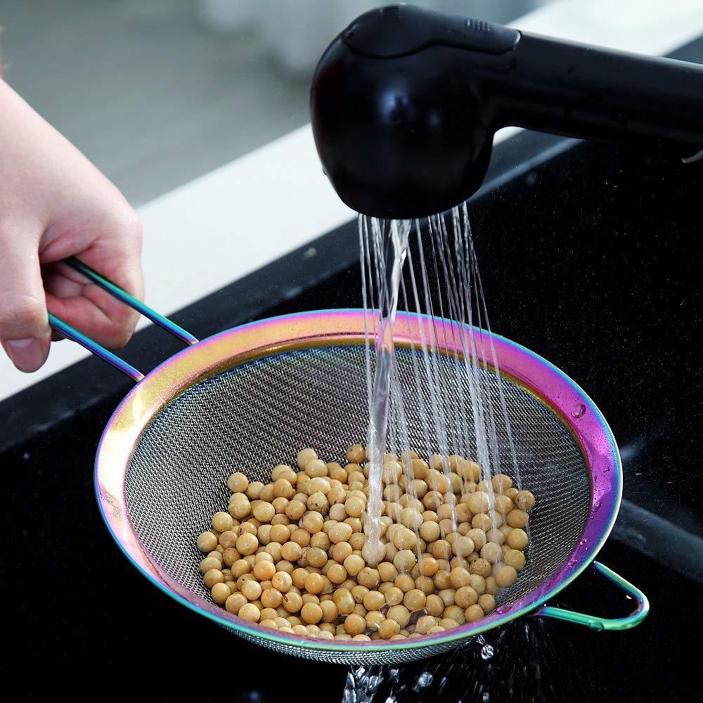 ReaNea Fine Mesh Strainer, Flour Sifter for Baking, Stainless Steel Colander, Tea Strainer Set of 3 (Rainbow)