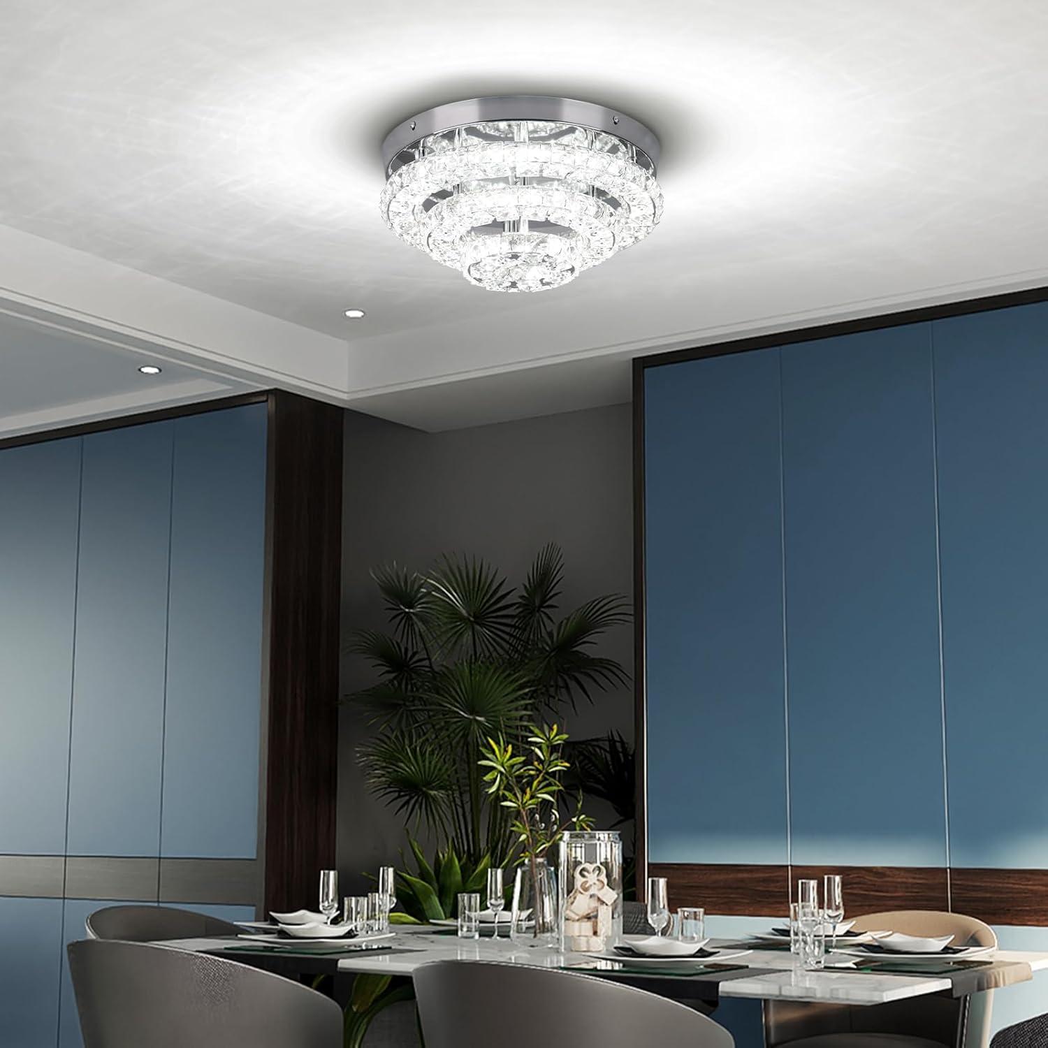 11.8" Crystal Chandeliers Modern Crystal Ceiling Light LED Chandeliers Semi Flush Mount Chandelier Crystal Ceiling Light Fixture for Bedrooms Dining Living Room Hallway (6500K Cool White)