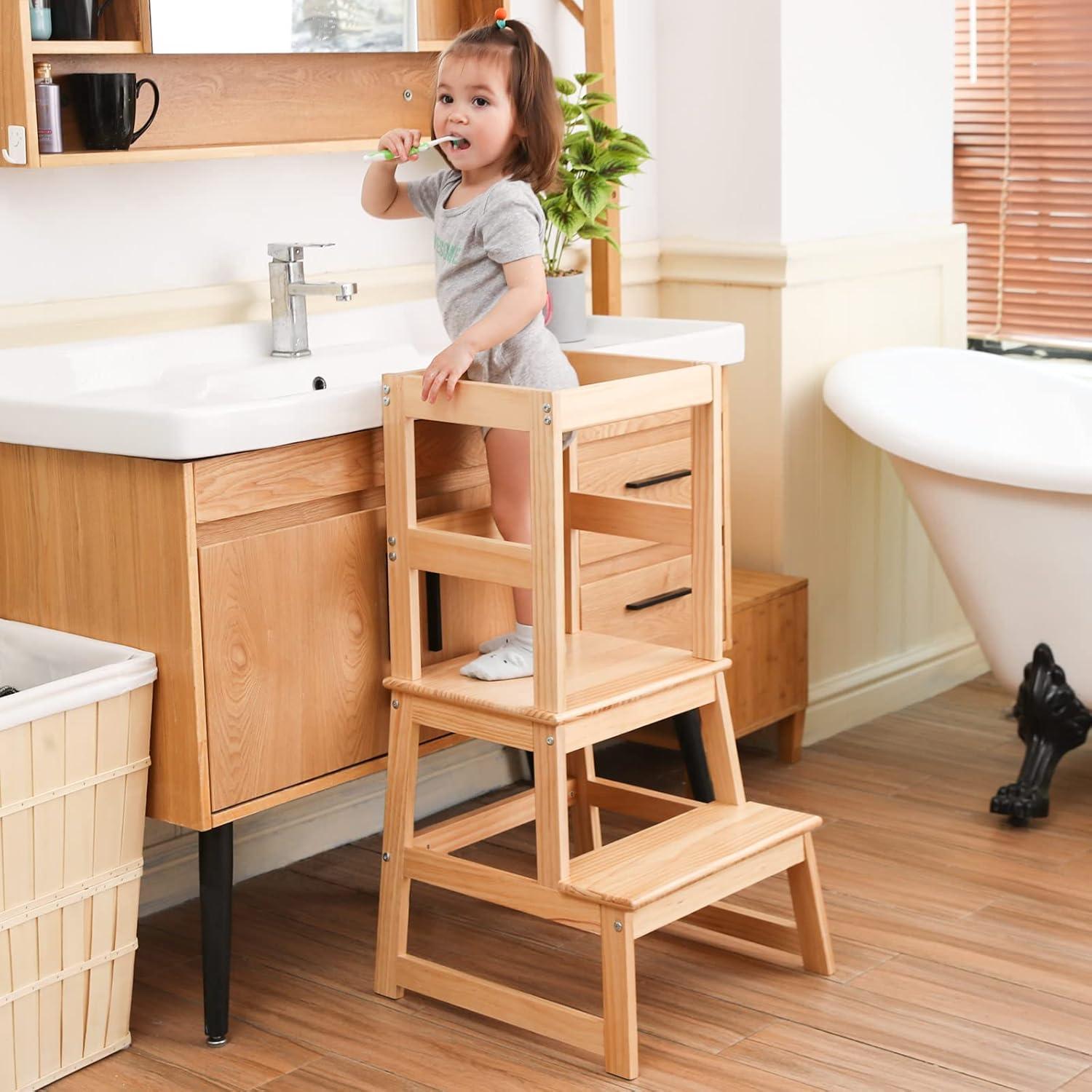 Natural Solid Wood Toddler Kitchen Step Stool with Safety Rail