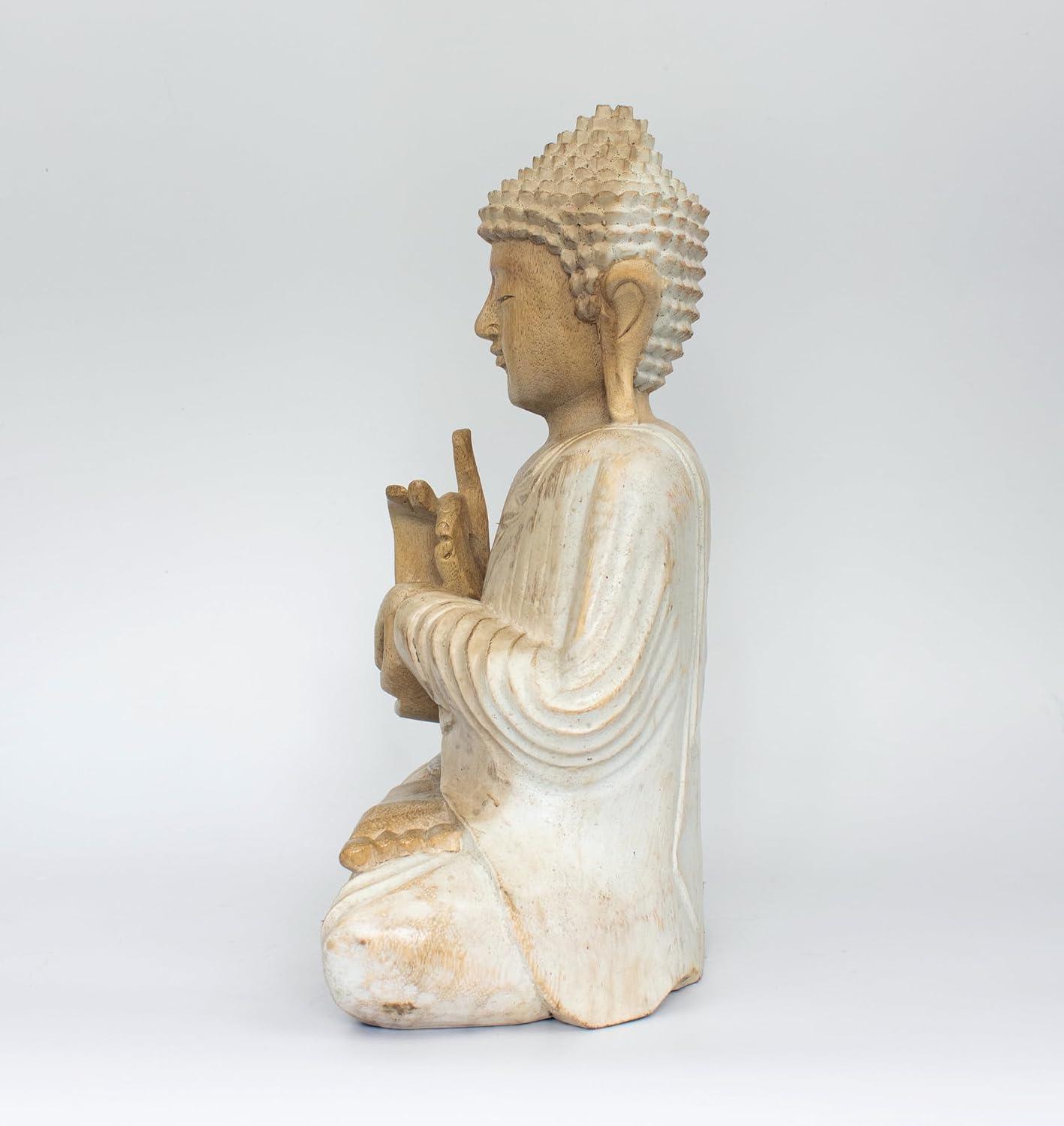 12" Whitewashed Wooden Meditating Buddha Statue in Suar Wood