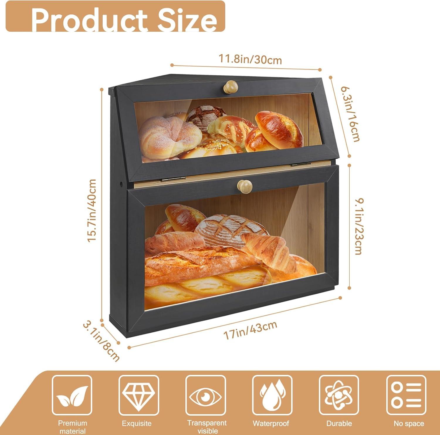 hghfhj   HOMEKOKO Double Layer Large Bread Box for Kitchen Counter  Wooden Large Capacity Bread Storage Bin (Black)