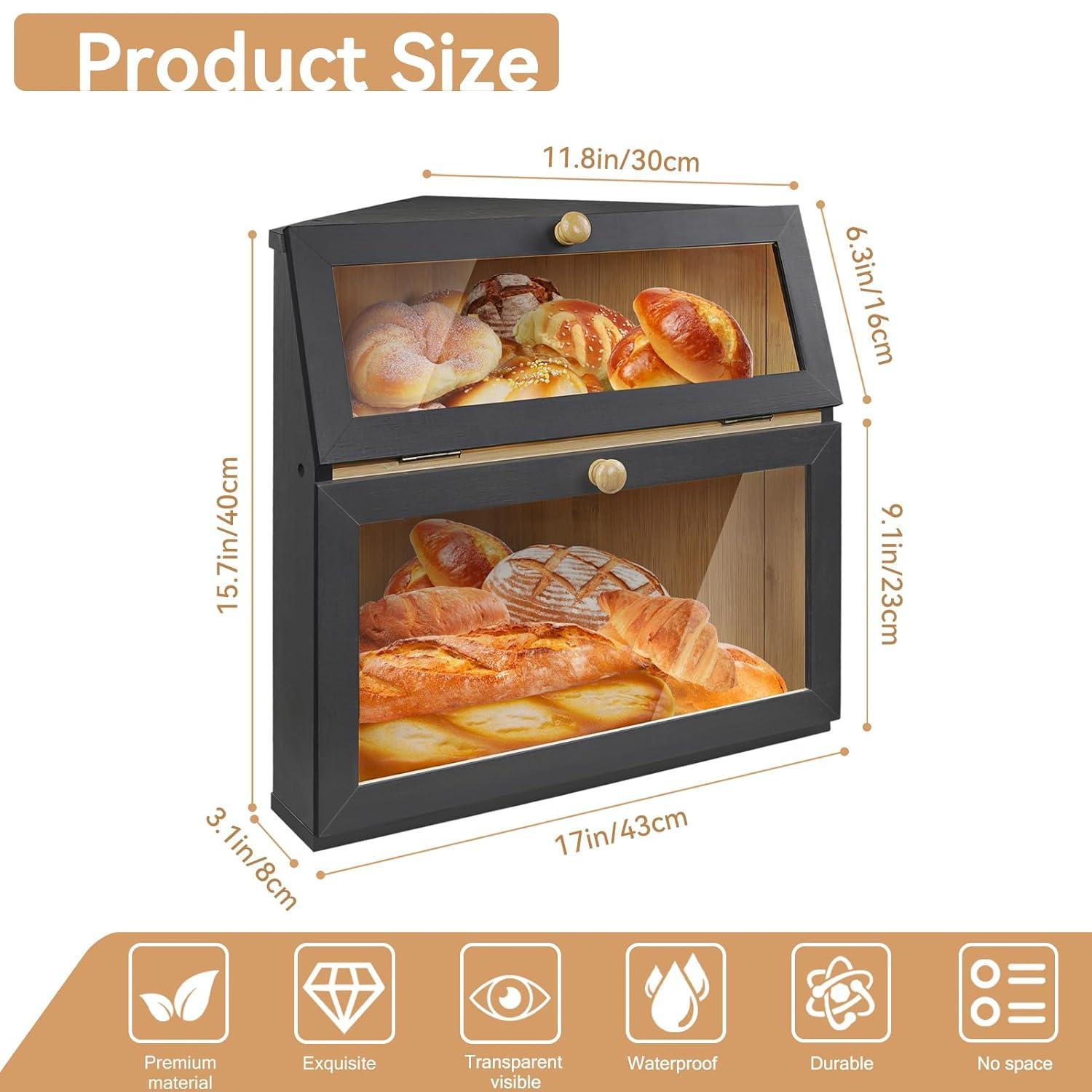 Bamboo Bread Container for Countertop, Double Layer Bread Storage with Acrylic Door Panel, Wooden Large Capacity Storage Bins for Kitchen Pantry Cupboard(Black)