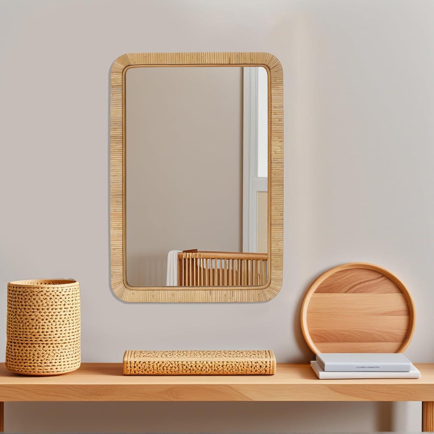 Barnyard Designs Rattan Bathroom Mirror – Rustic Farmhouse Style Handmade Wicker Rattan Frame - Boho Mirror for Nursery Wall Décor (20" x 30", Rectangular)