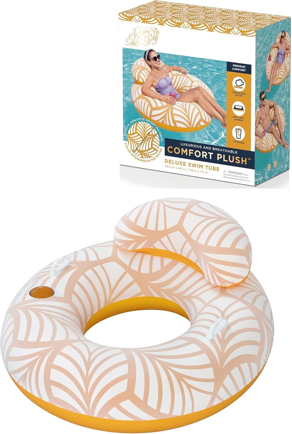 Bestway Bestway H2OGO! Comfort Plush Deluxe Swim Tube 46.5" x 46"  - Yellow & White, Inflatable Water Float, Built-In Cupholder