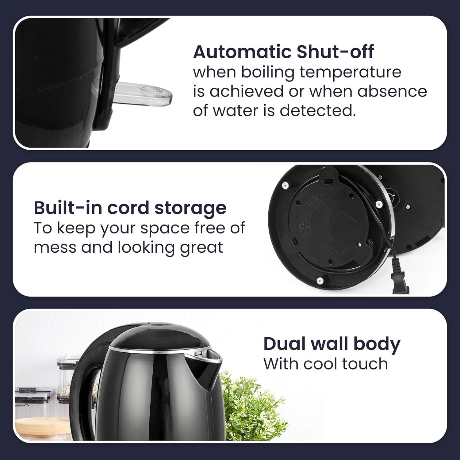 Elite Gourmet 1.8L Cool-Touch Electric Kettle, Stainless Steel, Black
