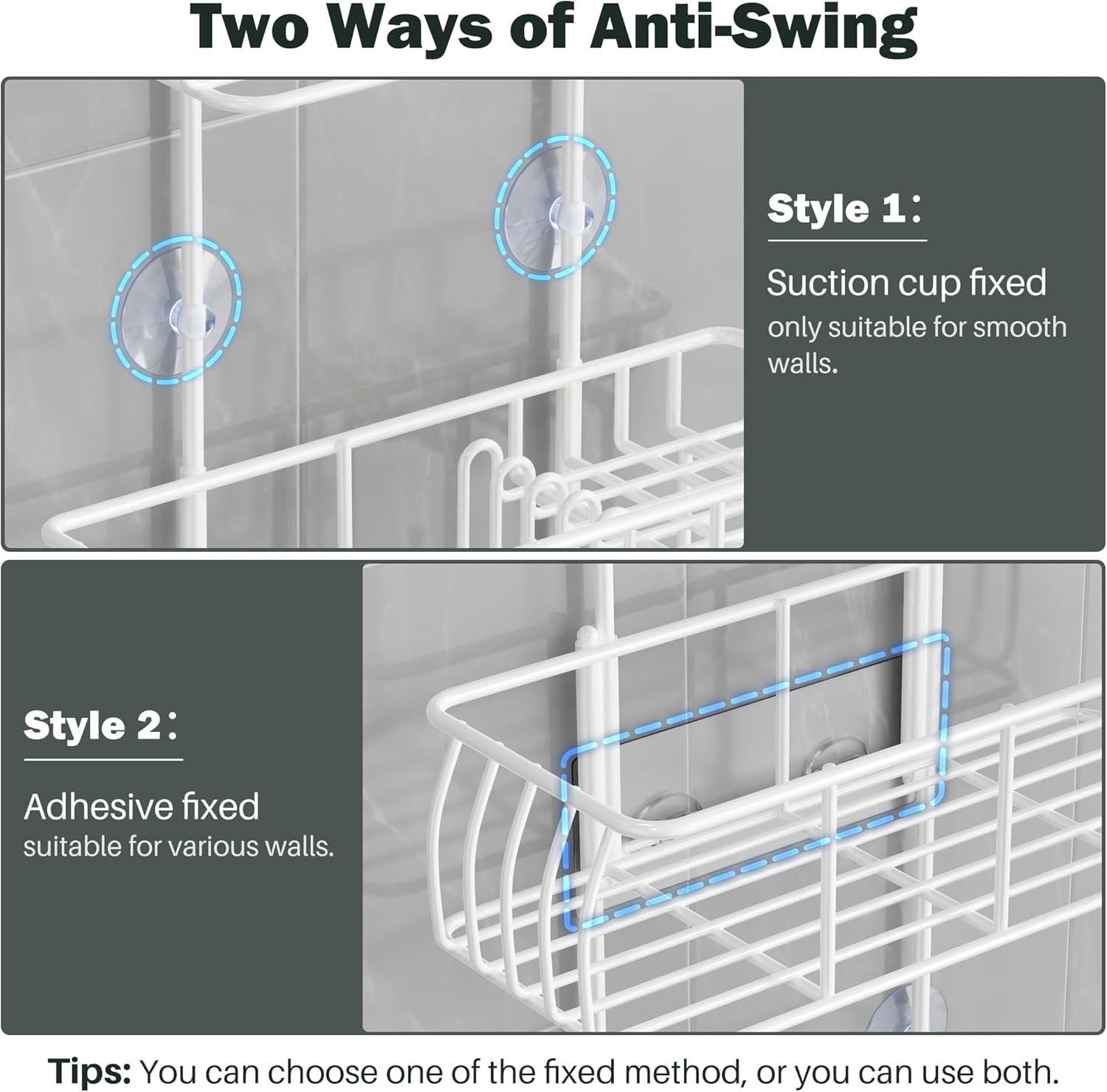 Epicano Shower Caddy Hanging, Anti-Swing Over Head Shower Caddy Rustproof with hooks for Towels, Sponge and more,White