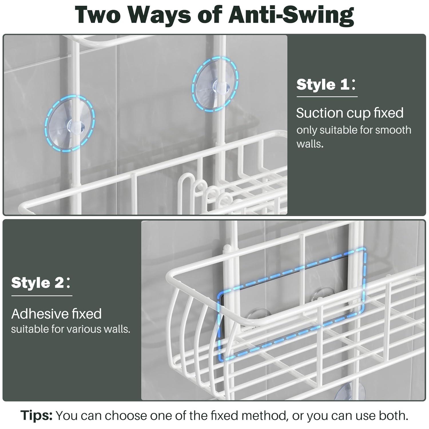 Epicano Shower Caddy Hanging, Anti-Swing Over Head Shower Caddy Rustproof with hooks for Towels, Sponge and more,White
