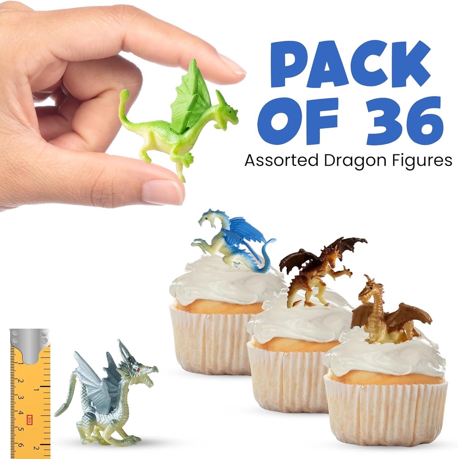 Mini Dragon Toy Figures - (Pack of 36) 2 Inch Plastic Rubbery Dragon Figurines in Assorted Colors and Styles - Kids Toys for Birthday Party Favors, Decorations, Cupcake Toppers and Piñatas