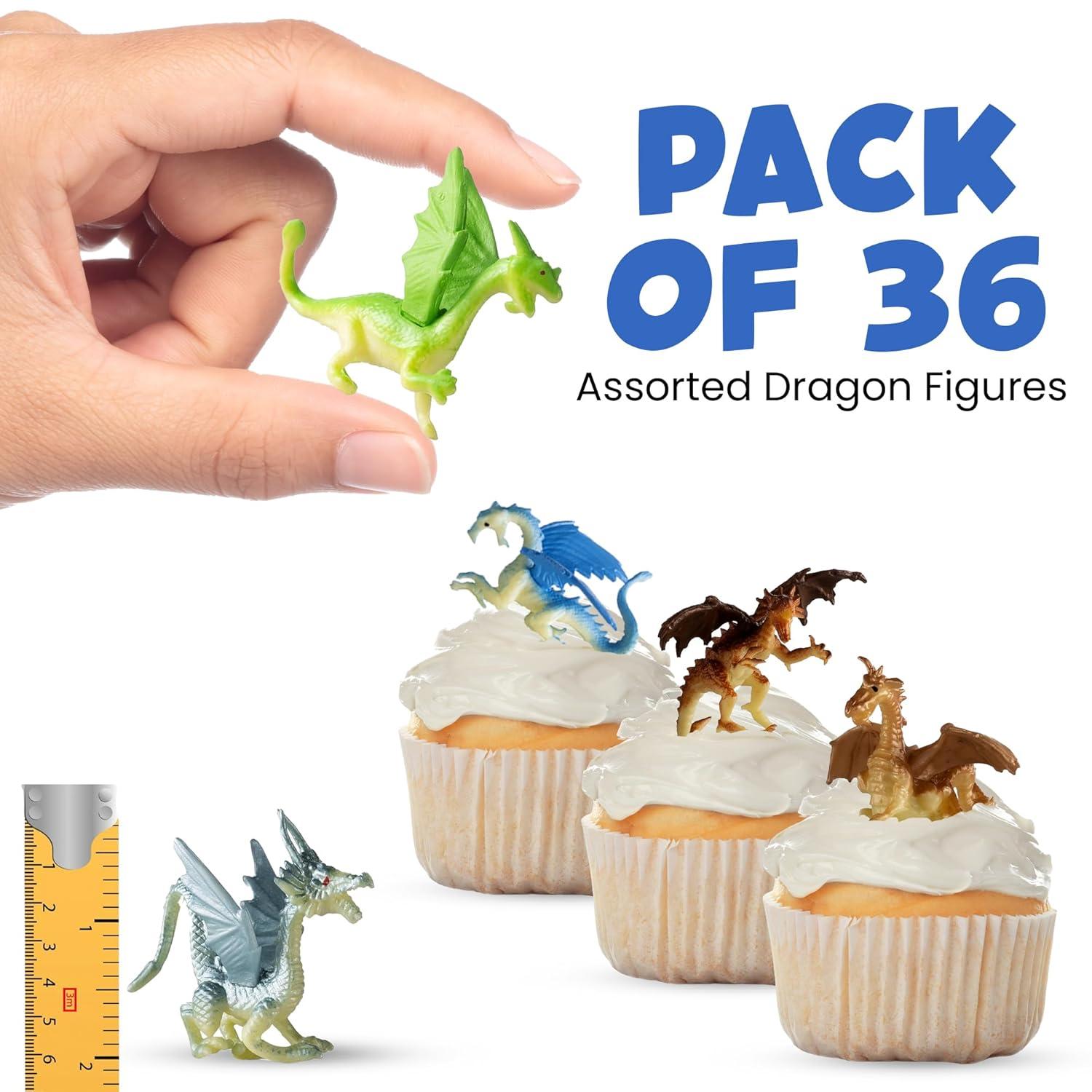 Mini Dragon Toy Figures - (Pack of 36) 2 Inch Plastic Rubbery Dragon Figurines in Assorted Colors and Styles - Kids Toys for Birthday Party Favors, Decorations, Cupcake Toppers and Piñatas