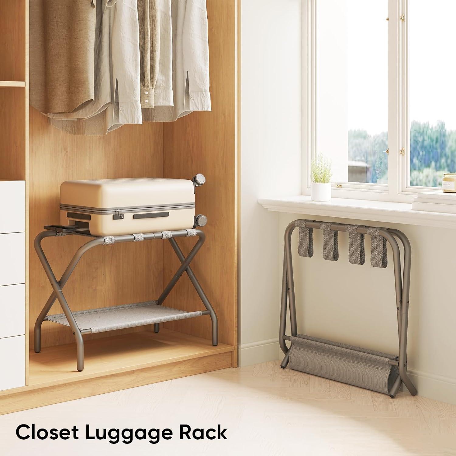 SONGMICS Luggage Rack with Fabric Storage Shelf Suitcasa Stand for Guest Room Bedroom Holds up to 110 lb Set of 2 Gray