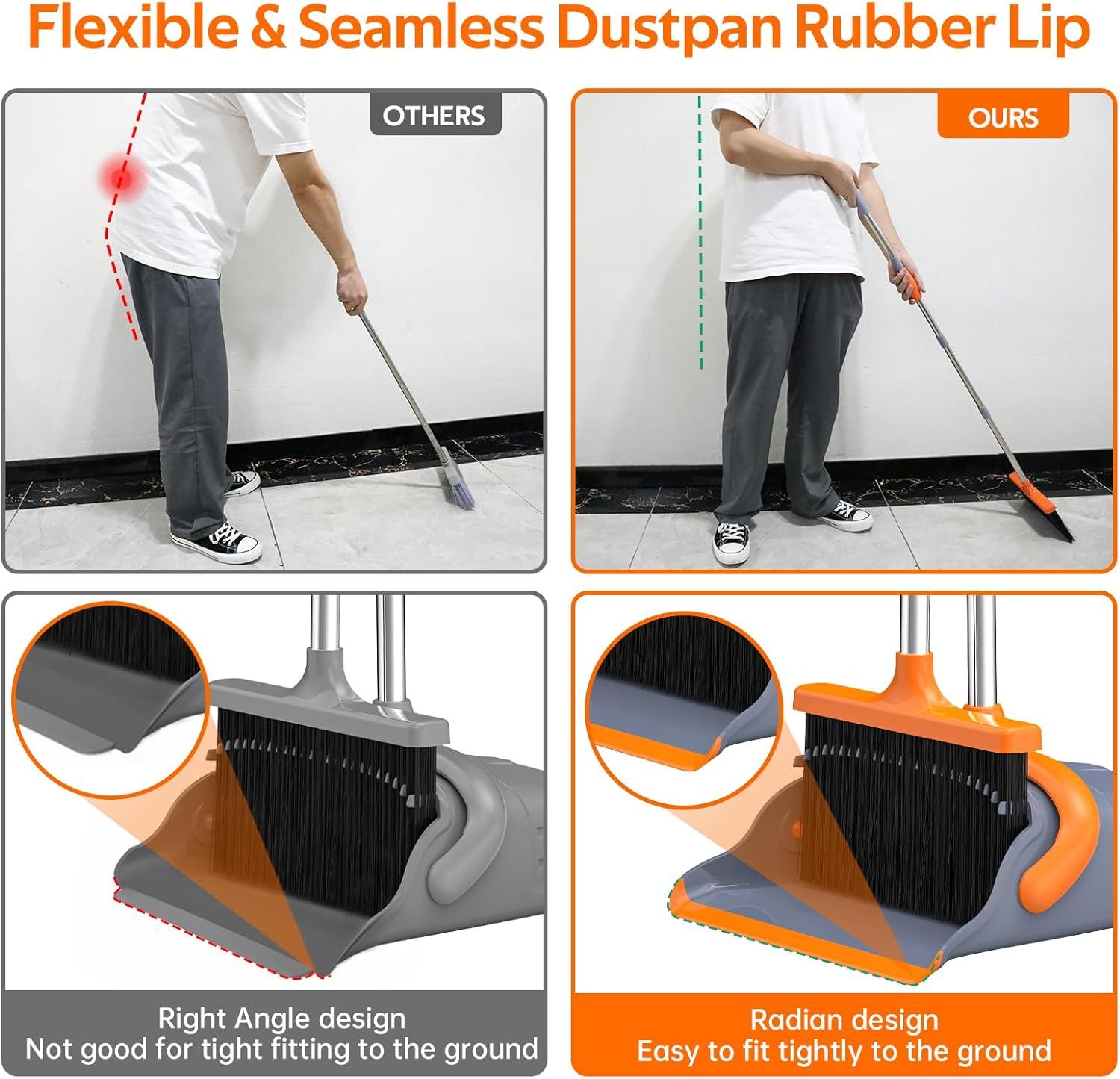 Adjustable Stainless Steel Broom and Dustpan Set with Orange Handle