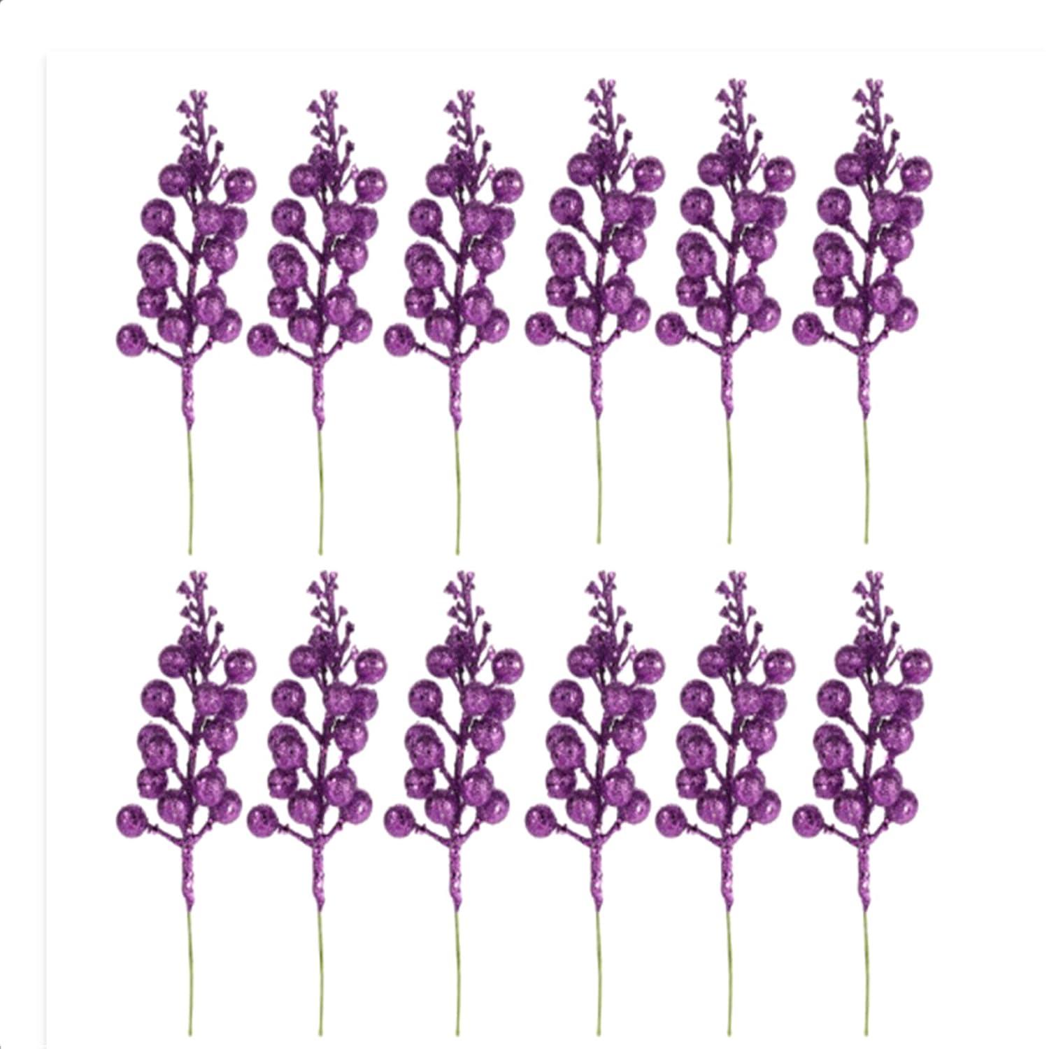 Glitter Berry Stems, 12pcs Christmas Berry Picks Artificial Fruit Berry Stem Branch Christmas Tree Garland Decorations for Holiday Party Purple